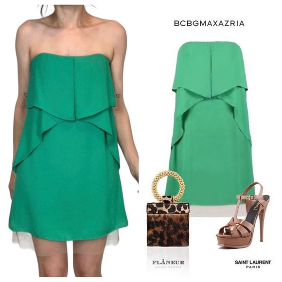 Bcbg MaxAzria Runway Collection Kelly Green Fei Fei Mini Ruffle Strapless Dress - Picture 1 of 16